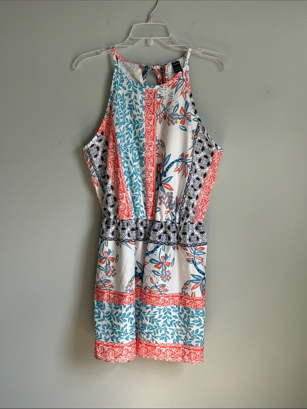 SHEIN Coral, Teal & Black Patterned Halter Romper